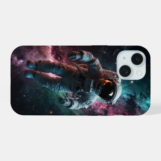 Astronaut zweeft in de ruimte. iPhone 15 case (Achterkant horizontaal)