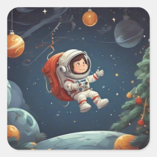 Astronaut zweeft rond kerstboom vierkante sticker