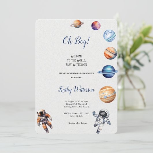 ASTRONAUTEN EN PLANETEN BABYSHOWER UITNODIGING (Staand voorkant)