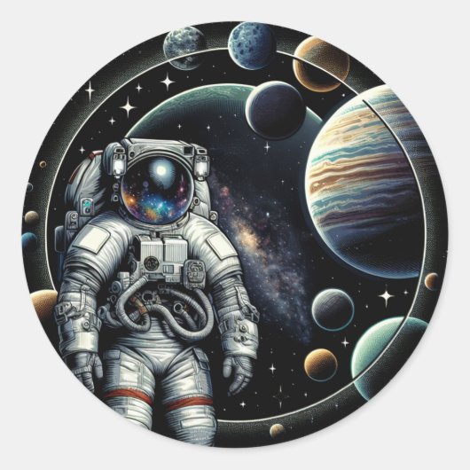 astronauten en planeten ronde sticker (Voorkant)
