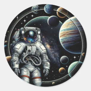 astronauten en planeten ronde sticker