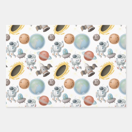 Astronauten, raketten en planeten op wit inpakpapier vel (Voorkant)
