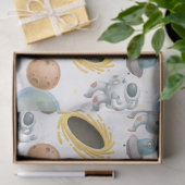 Astronauten, raketten en planeten op witte ontkopp tissuepapier (Geschenk)