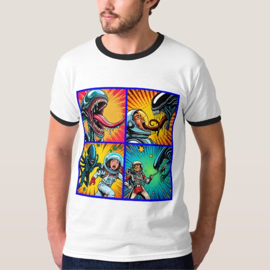 Astronauten vs Alien Pop Art T-shirt (Voorkant)
