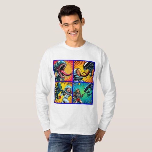 Astronauten vs Alien Pop Art T-shirt (Voorkant volledig)