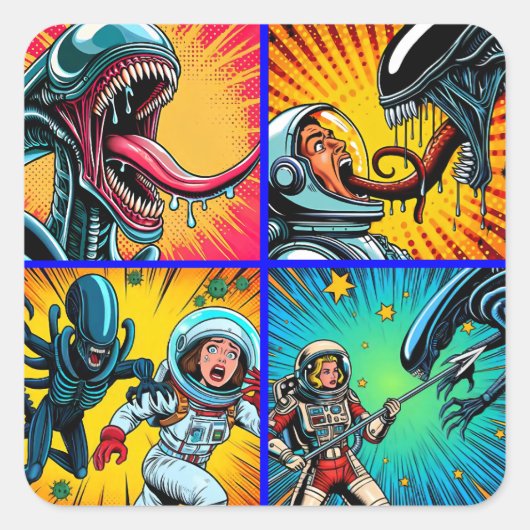 Astronauten vs Alien Pop Art Vierkante Sticker (Voorkant)