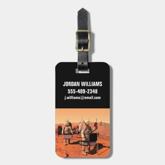 Astronauten zetten weerapparatuur op Mars in. Bagagelabel (Voorkant verticaal)