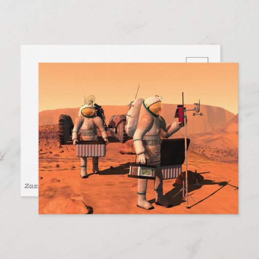 Astronauten zetten weerapparatuur op Mars in. Briefkaart (Voorkant / Achterkant)