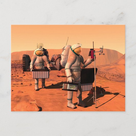 Astronauten zetten weerapparatuur op Mars in. Briefkaart (Voorkant)