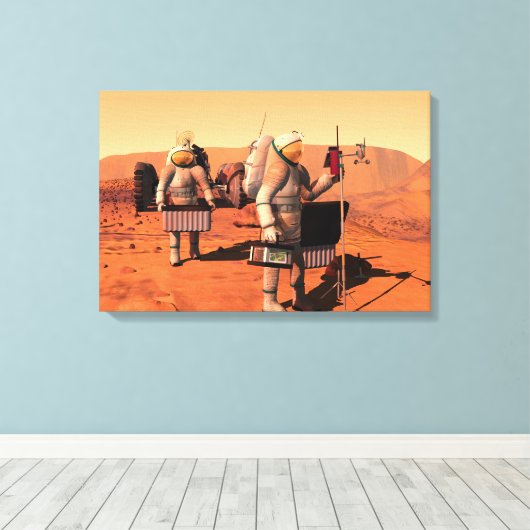 Astronauten zetten weerapparatuur op Mars in. Canvas Afdruk (Insitu (Houten vloer))