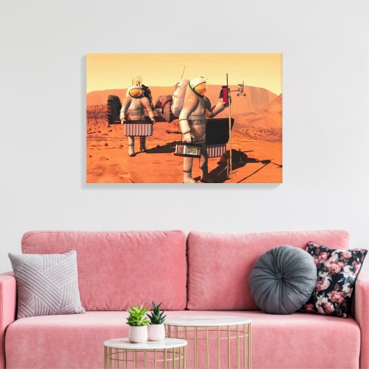 Astronauten zetten weerapparatuur op Mars in. Canvas Afdruk (Insitu (Woonkamer))