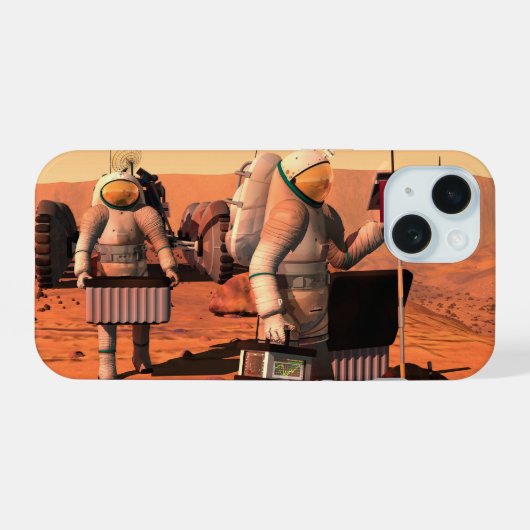 Astronauten zetten weerapparatuur op Mars in. iPhone 15 Case (Achterkant horizontaal)
