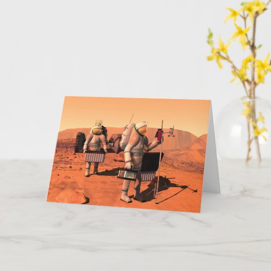 Astronauten zetten weerapparatuur op Mars in. Kaart (Gele Bloem)