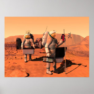 Astronauten zetten weerapparatuur op Mars in. Poster
