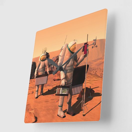 Astronauten zetten weerapparatuur op Mars in. Vierkante Klok (Hoek)