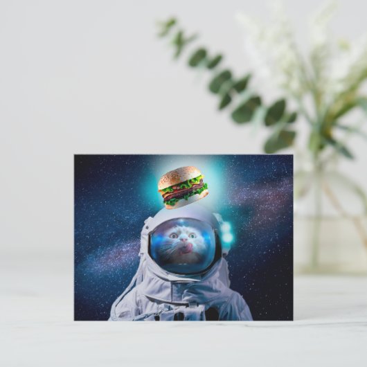 Astronautkat die een hamburger wenst briefkaart (Staand voorkant)