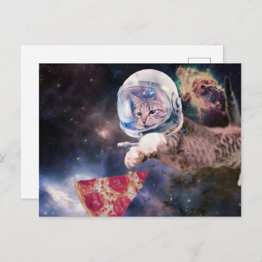 Astronautkat jaagt op een pizza stuk briefkaart (Voorkant / Achterkant)