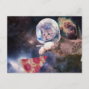 Astronautkat jaagt op een pizza stuk briefkaart