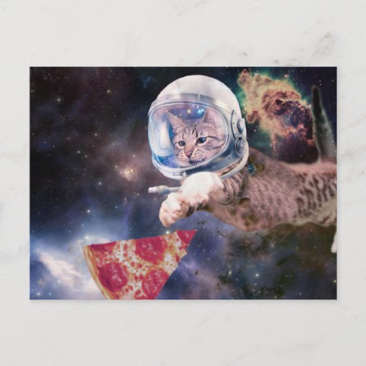 Astronautkat jaagt op een pizza stuk briefkaart (Voorkant)
