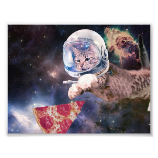 Astronautkat jaagt op een pizza stuk foto afdruk (Voorkant)