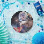 Astronautkat jaagt op een pizza stuk papieren bordje (Feest)