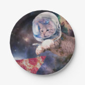 Astronautkat jaagt op een pizza stuk papieren bordje (Voorkant)