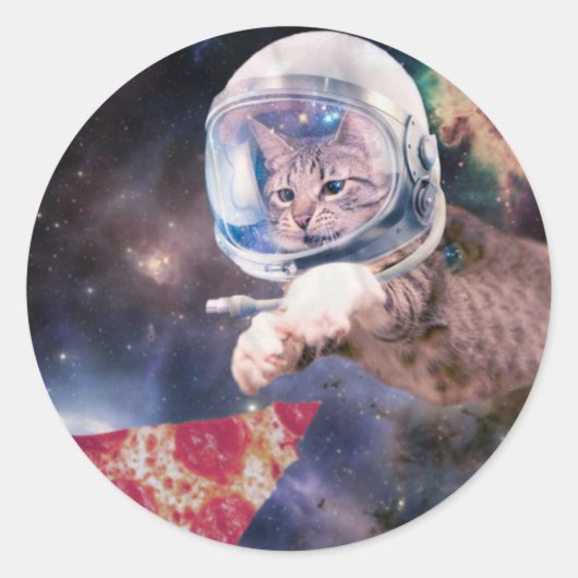 Astronautkat jaagt op een pizza stuk ronde sticker (Voorkant)