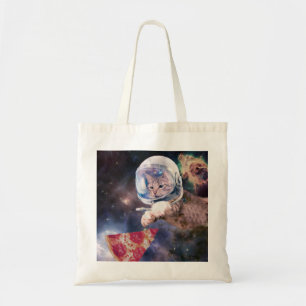 Astronautkat jaagt op een pizza stuk tote bag