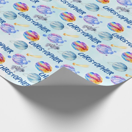 Astronauts Waterverf Space Boy Aangepaste naam Cadeaupapier (Hoek)