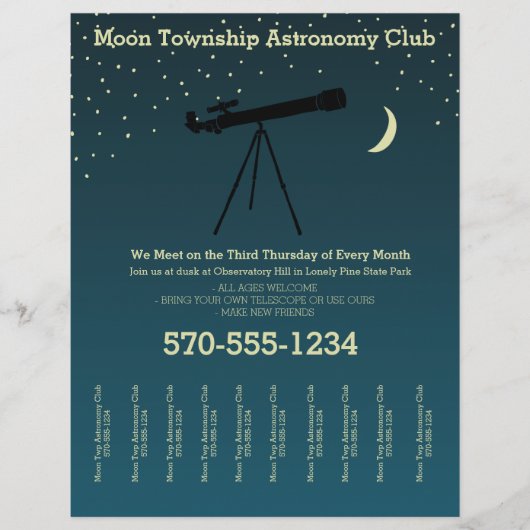 Astronomie Club Telescoop en sterren Scheur uit st Flyer (Voorkant)