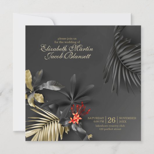 Asymmetrisch Elegant Donker Tropisch Bloemen Bruil Kaart (Voorkant)