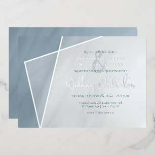 asymmetrisch frame stoffig blauwe trouw met zilver folie uitnodiging