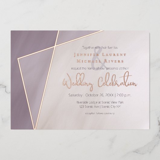 asymmetrisch gedempt lijst met roos goud folie uitnodiging (Voorkant)