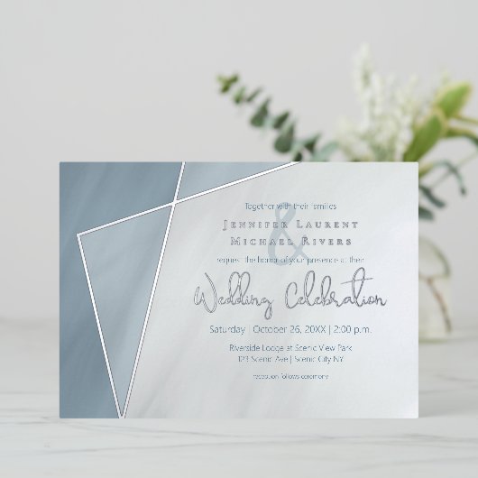 asymmetrisch lijst dusty blue bruiloft met zilver folie uitnodiging (Staand Voorkant)
