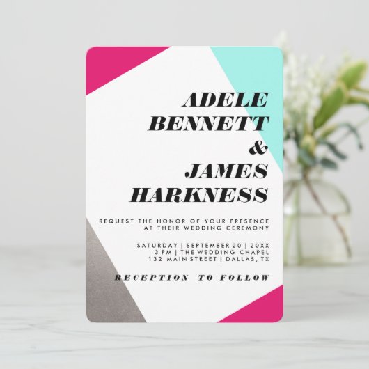 Asymmetrisch warm roze zilver en Turquoise Wedding Kaart (Staand voorkant)