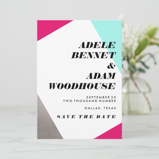 Asymmetrische Hot Pink & Turquoise Save the Date (Staand voorkant)