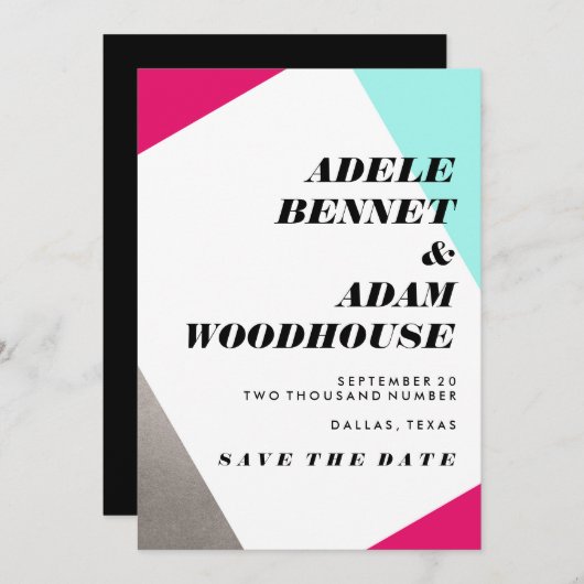 Asymmetrische Hot Pink & Turquoise Save the Date (Voorkant / Achterkant)
