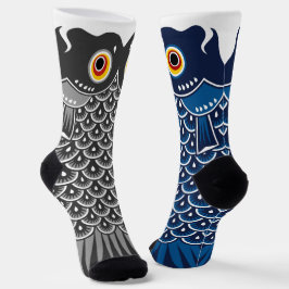Asymmetrische Zwarte en Blauwe Koinobori Karp Sokken