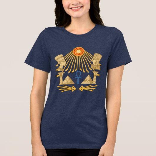 Aten Sun Disc – Ankh, Horus & Nefertiti Tri-Blend Shirt (Voorkant)