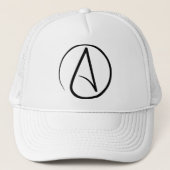 Atheïsme symbool: zwart op wit trucker pet (Voorkant)