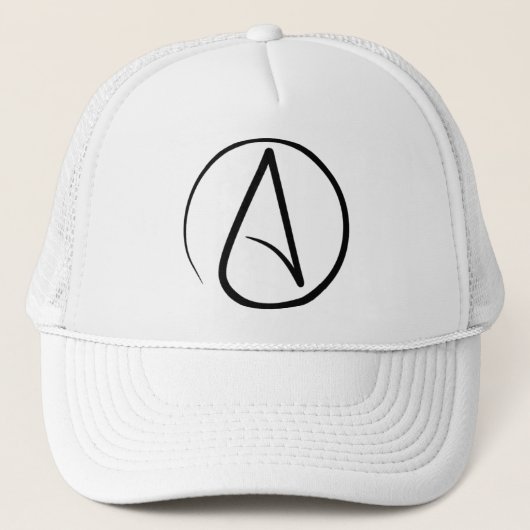 Atheïsme symbool: zwart op wit trucker pet (Voorkant)