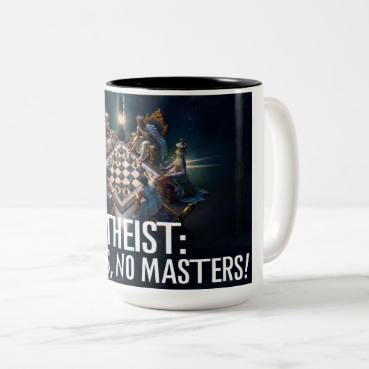 Atheist: No Gods, No Masters Coffee Mug Tweekleurige Koffiemok (Voorkant rechts)