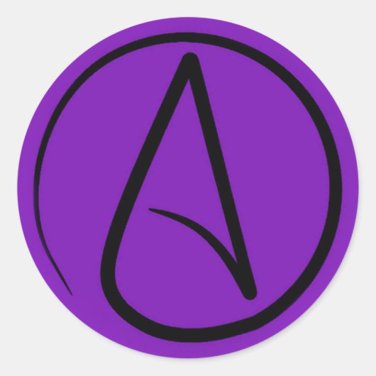 Atheïstisch symbool: zwart op paars ronde sticker (Voorkant)