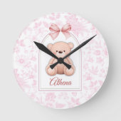Athena | Aangepaste Roze Teddybeer Nursery Design Ronde Klok (Voorkant)