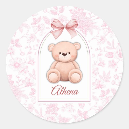 Athena | Aangepaste Roze Teddybeer Nursery Design Ronde Sticker (Voorkant)