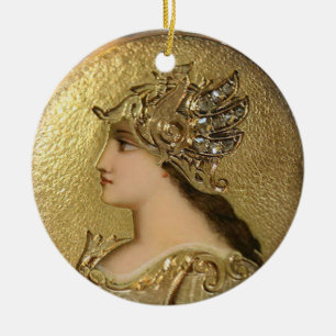 ATHENA PORTRAIT MET GOLDEN HELMET EN GRIFFINS KERAMISCH ORNAMENT