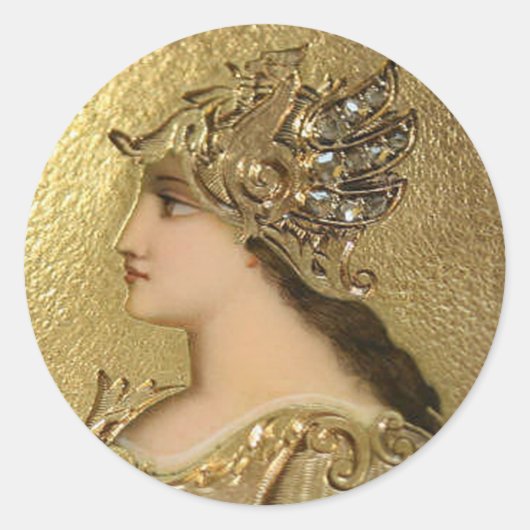 ATHENA PORTRAIT MET GOLDEN HELMET EN GRIFFINS RONDE STICKER (Voorkant)