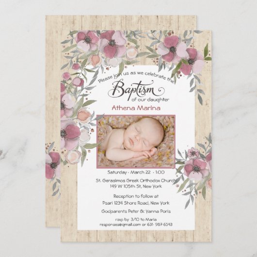 Athena Wood Baptism Invitation Kaart (Voorkant / Achterkant)