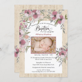 Athena Wood Baptism Invitation Kaart