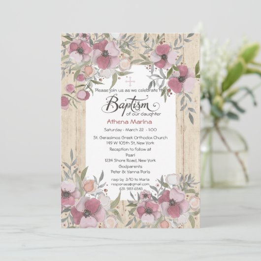 Athena Wood Baptism Invitation Kaart (Staand voorkant)